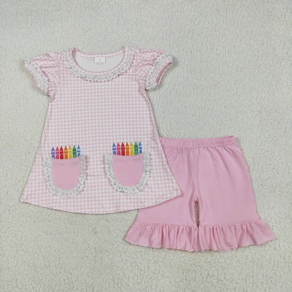 Pink Gingham Crayons Pocket Shorts Set