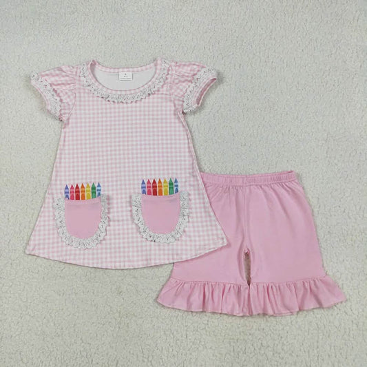 Pink Gingham Crayons Pocket Shorts Set