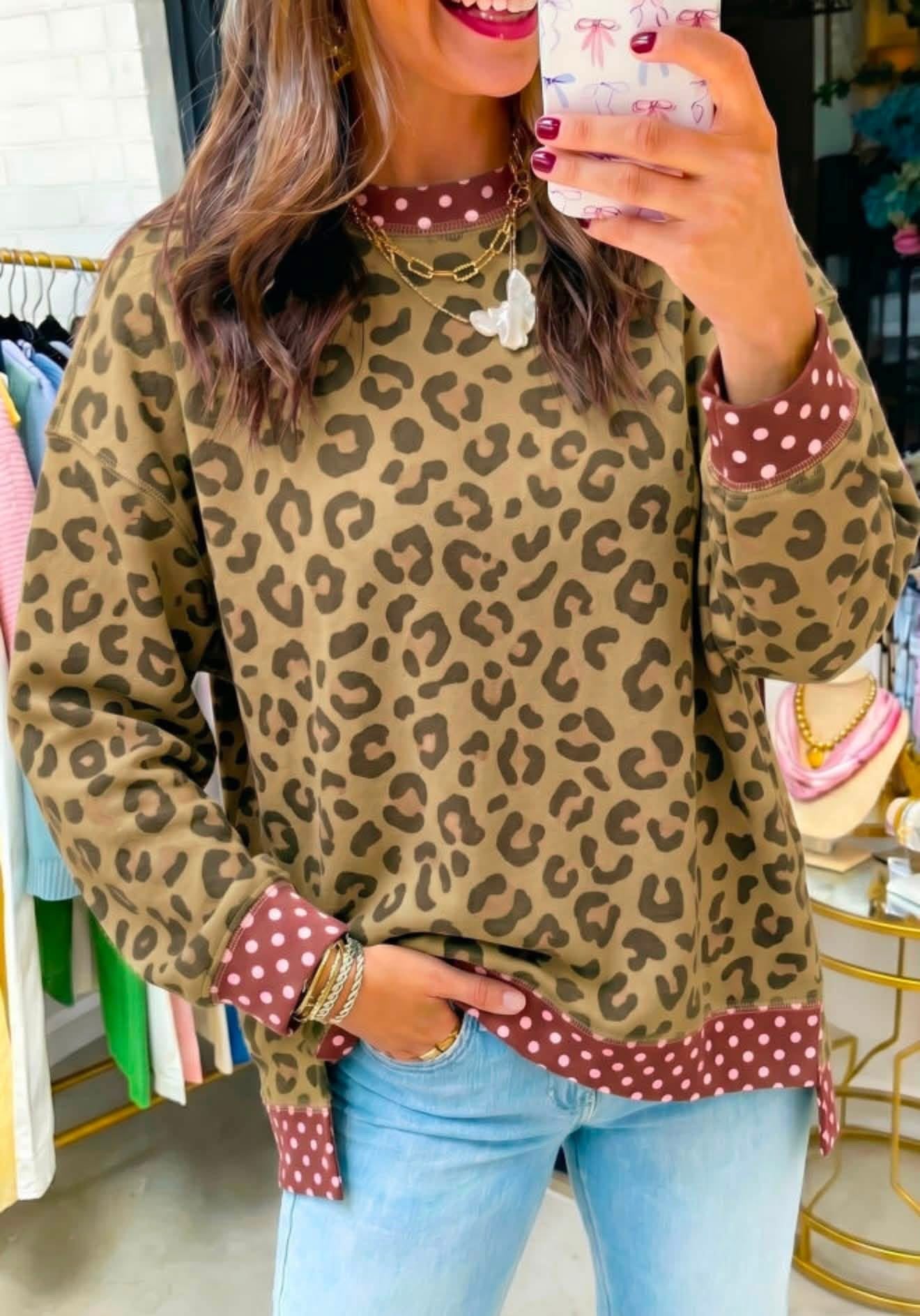 Cherry Mocha Polka Dot Trim Leopard Long Sleeve