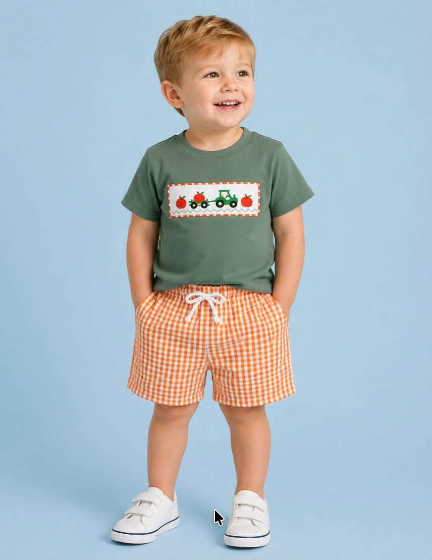 Green Pumpkin Tractor Shorts Set