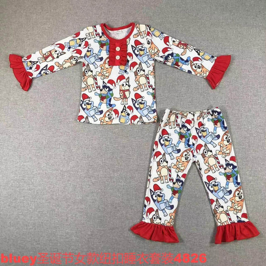 Blue Dog Ruffle Button Christmas Pajama Set
