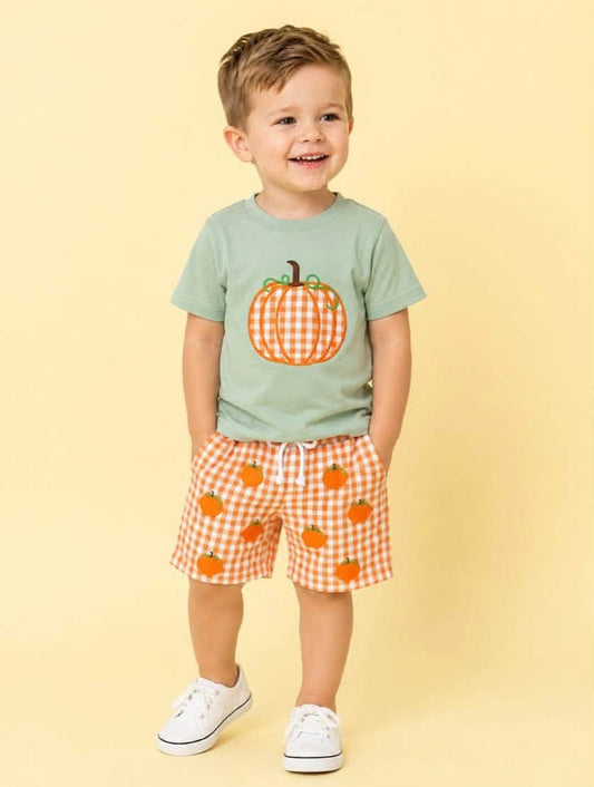 Orange Gingham Pumpkin Shorts Set