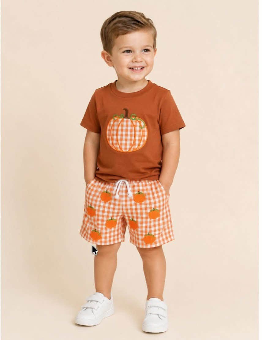 Rust Gingham Pumpkin Shorts Set