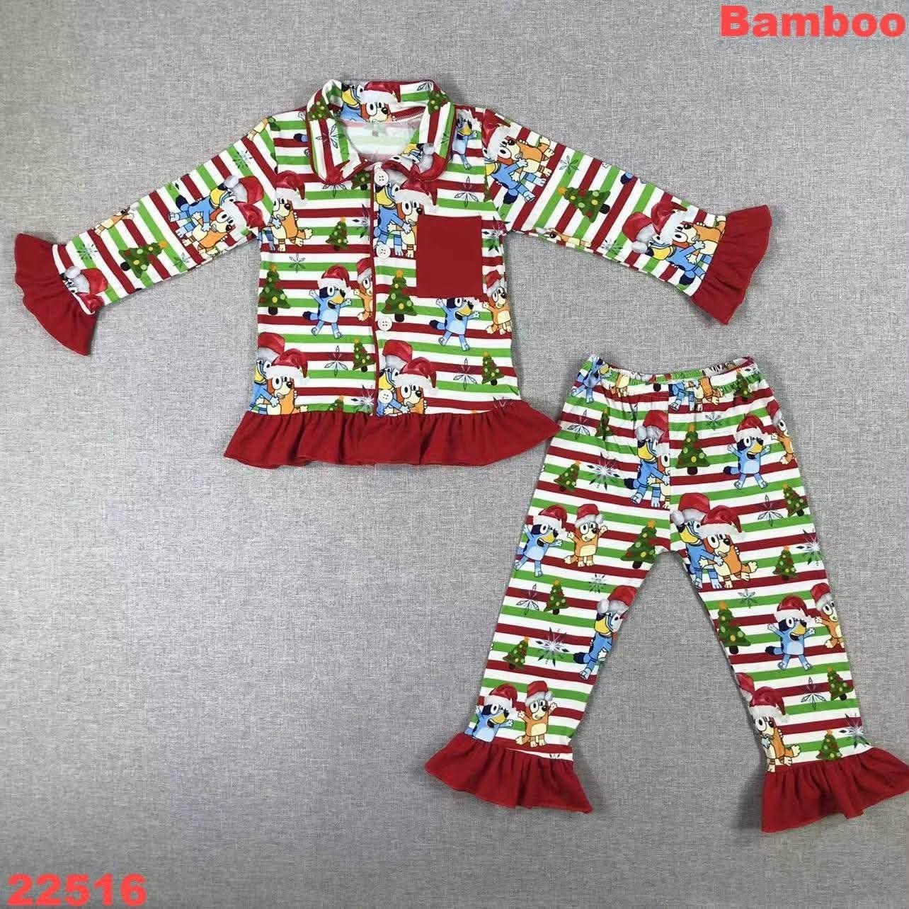 Blue Dog Christmas Bamboo Ruffle Pajamas Set