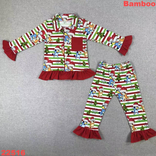 Blue Dog Christmas Bamboo Ruffle Pajamas Set