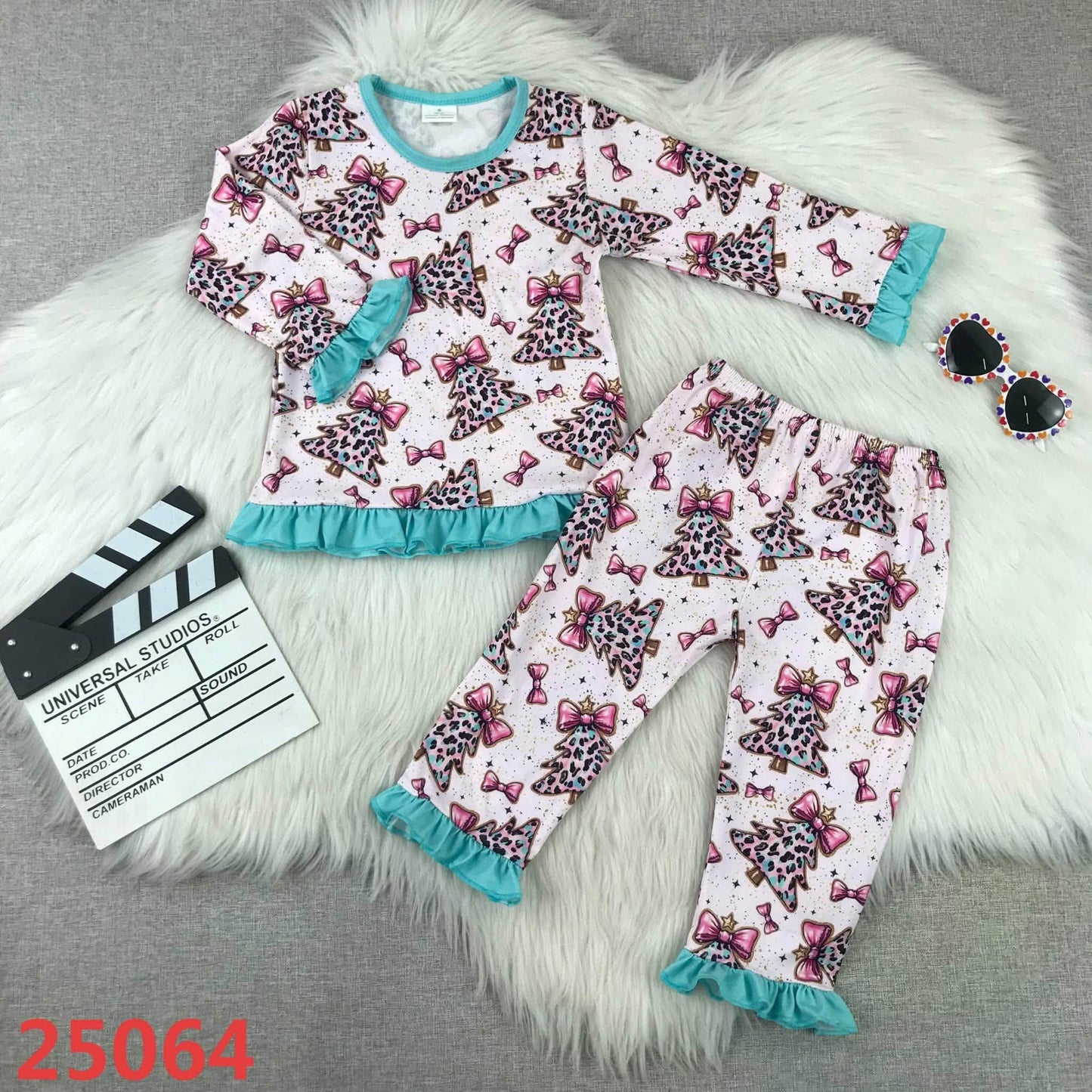 Leopard Print Christmas Tree Ruffle Pajama Set