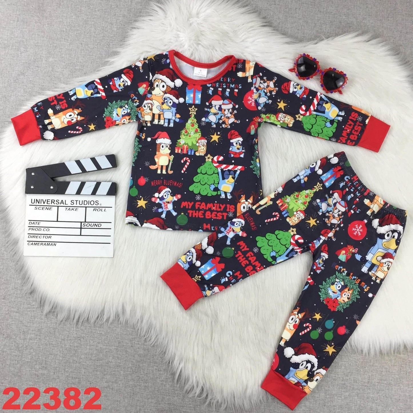 Blue Dog Family Christmas Pajamas Set