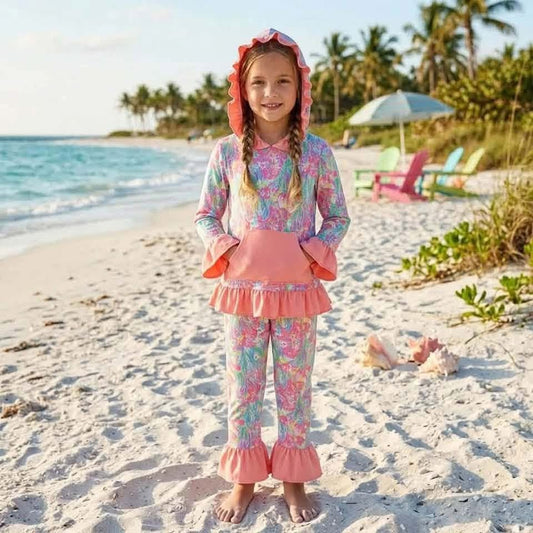 Hooded Ruffle Paisley Pants Set