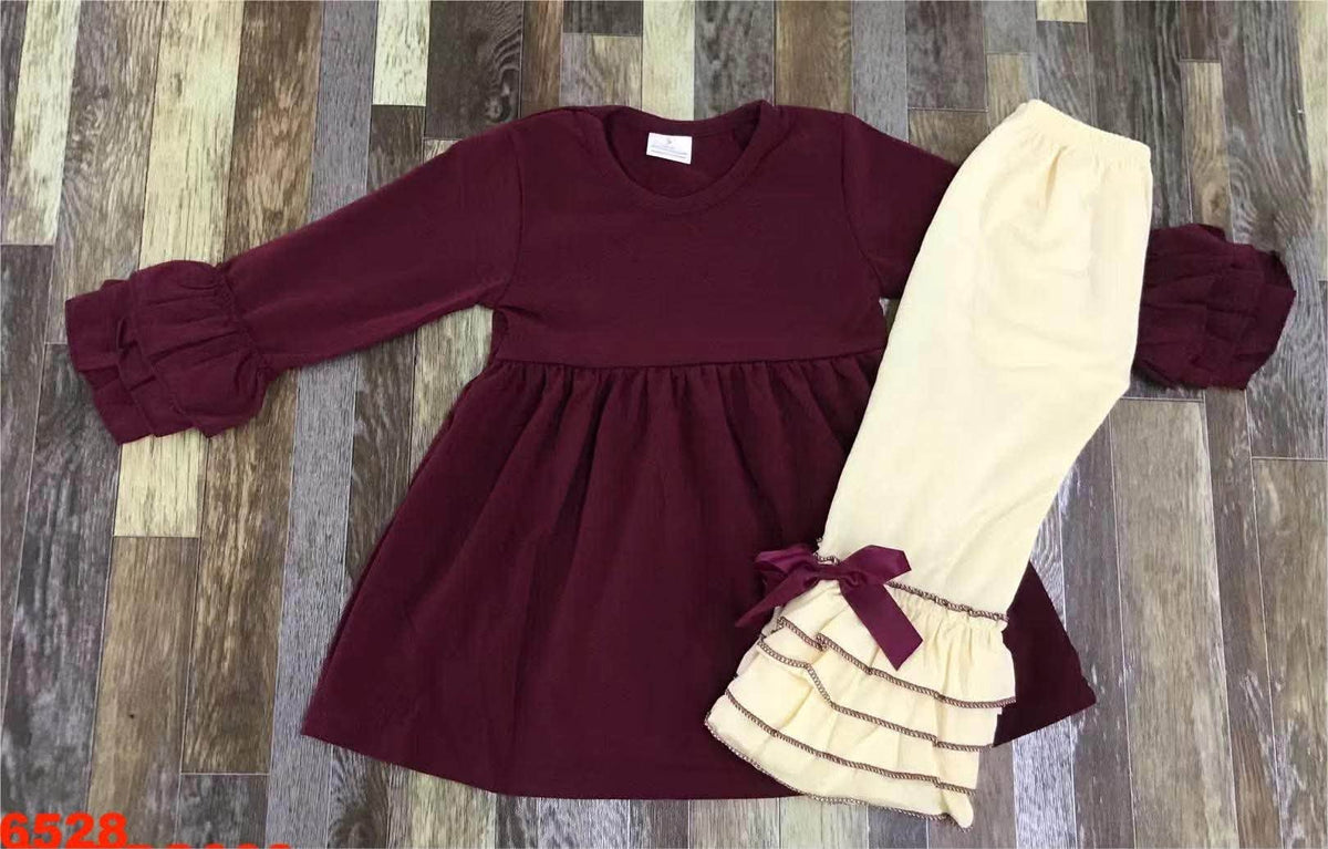 Maroon Bow Ruffle Pants Set