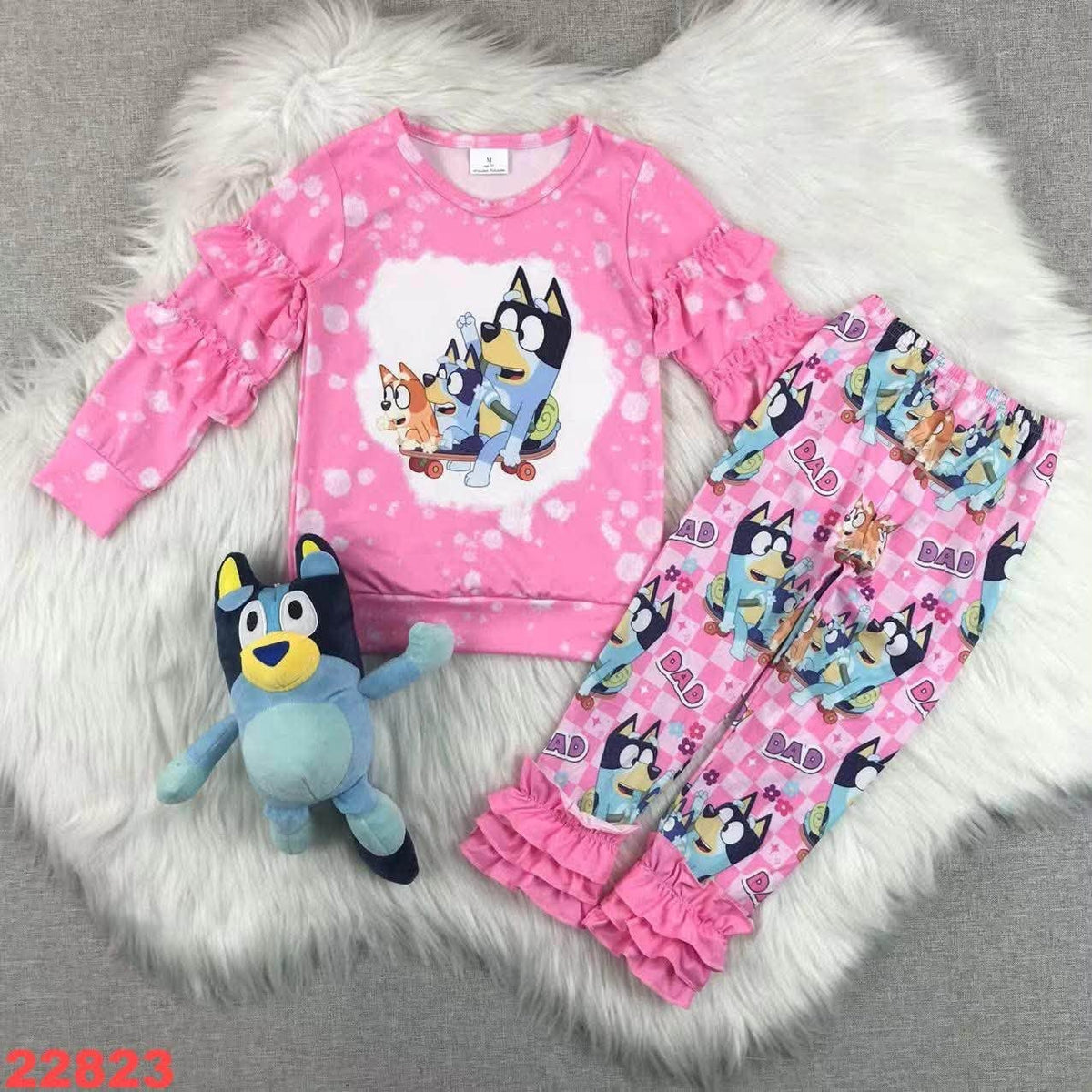 Blue Dog Pink Ruffled Pants Set
