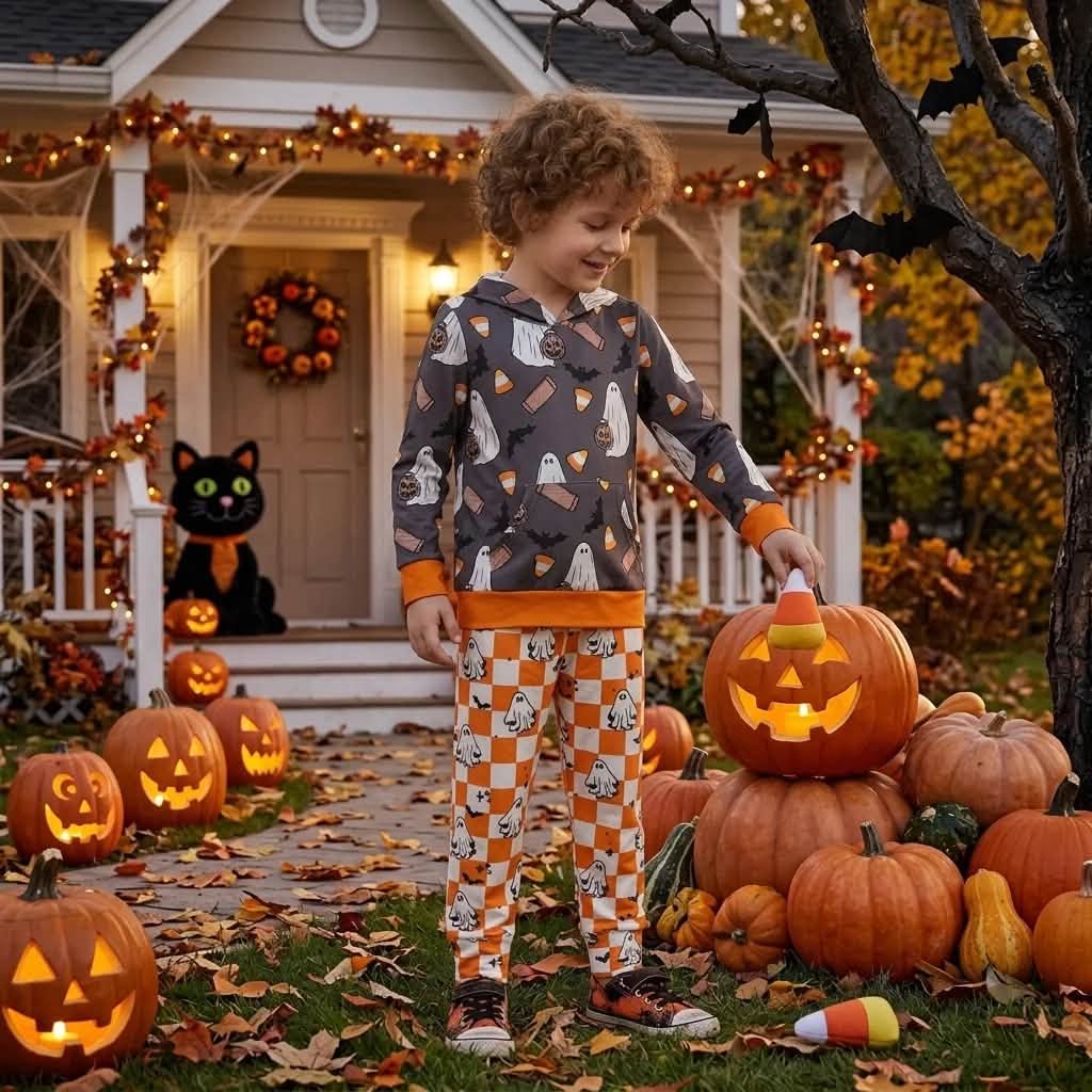Checkered Halloween Ghost Hooded Pants Set