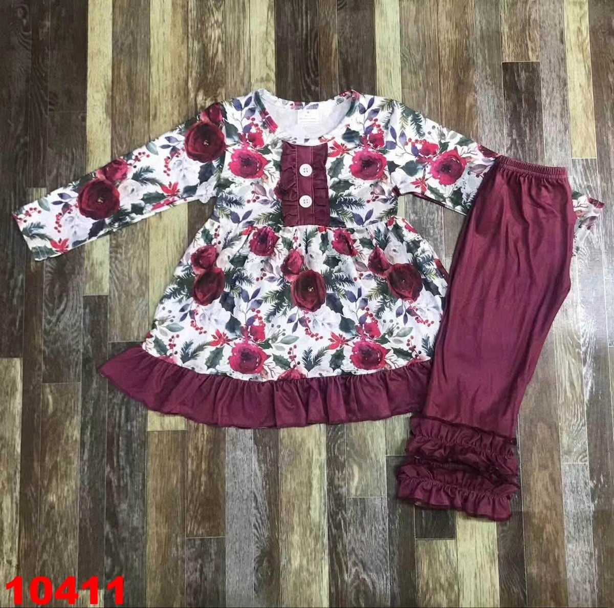 Maroon Floral Ruffle Pants Set