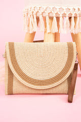 Beige Straw Crossbody Clutch