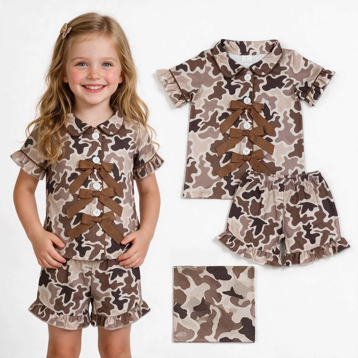 Brown Camo Bows Shorts Set