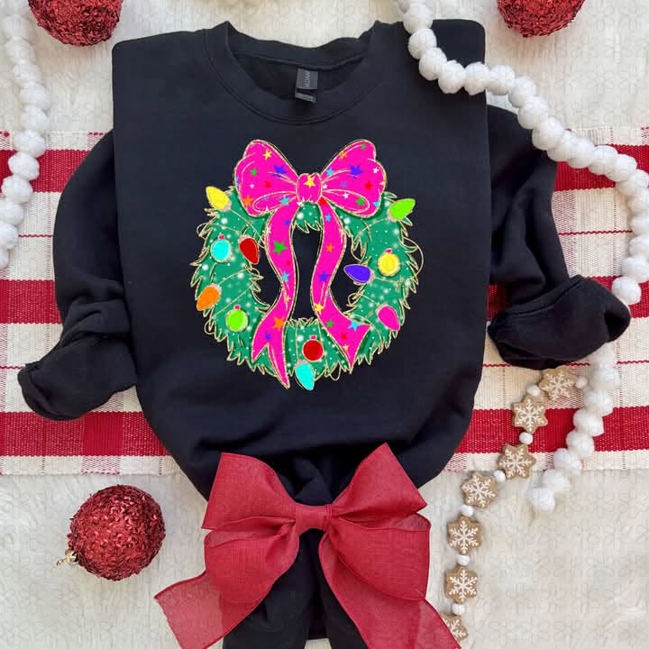 Bright Colored Christmas Wreath Black Shirt - Pre-order