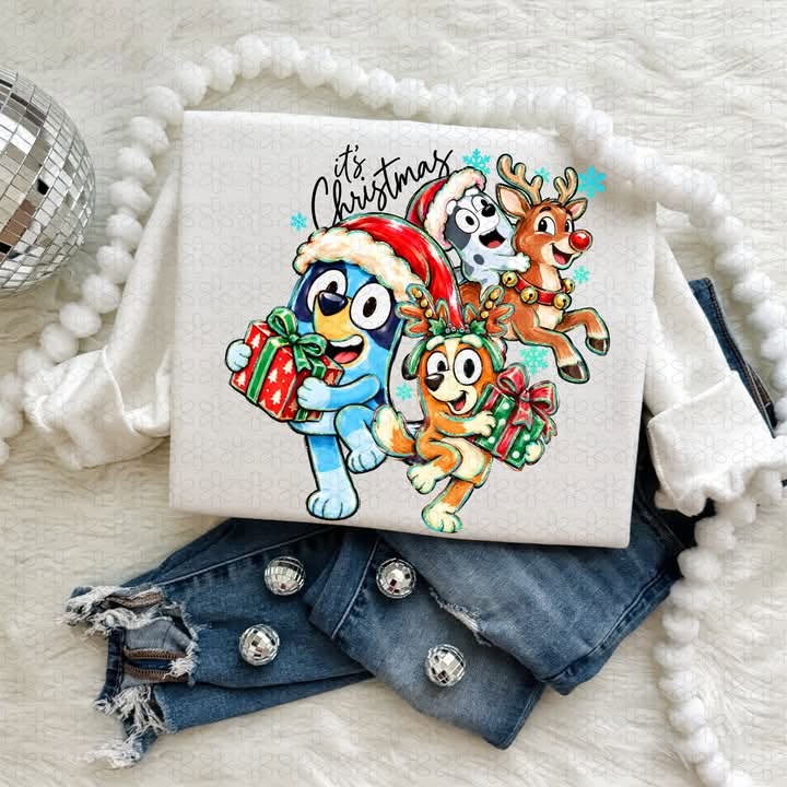 Blue Dog It's Christmas White Shirt - Pre-order
