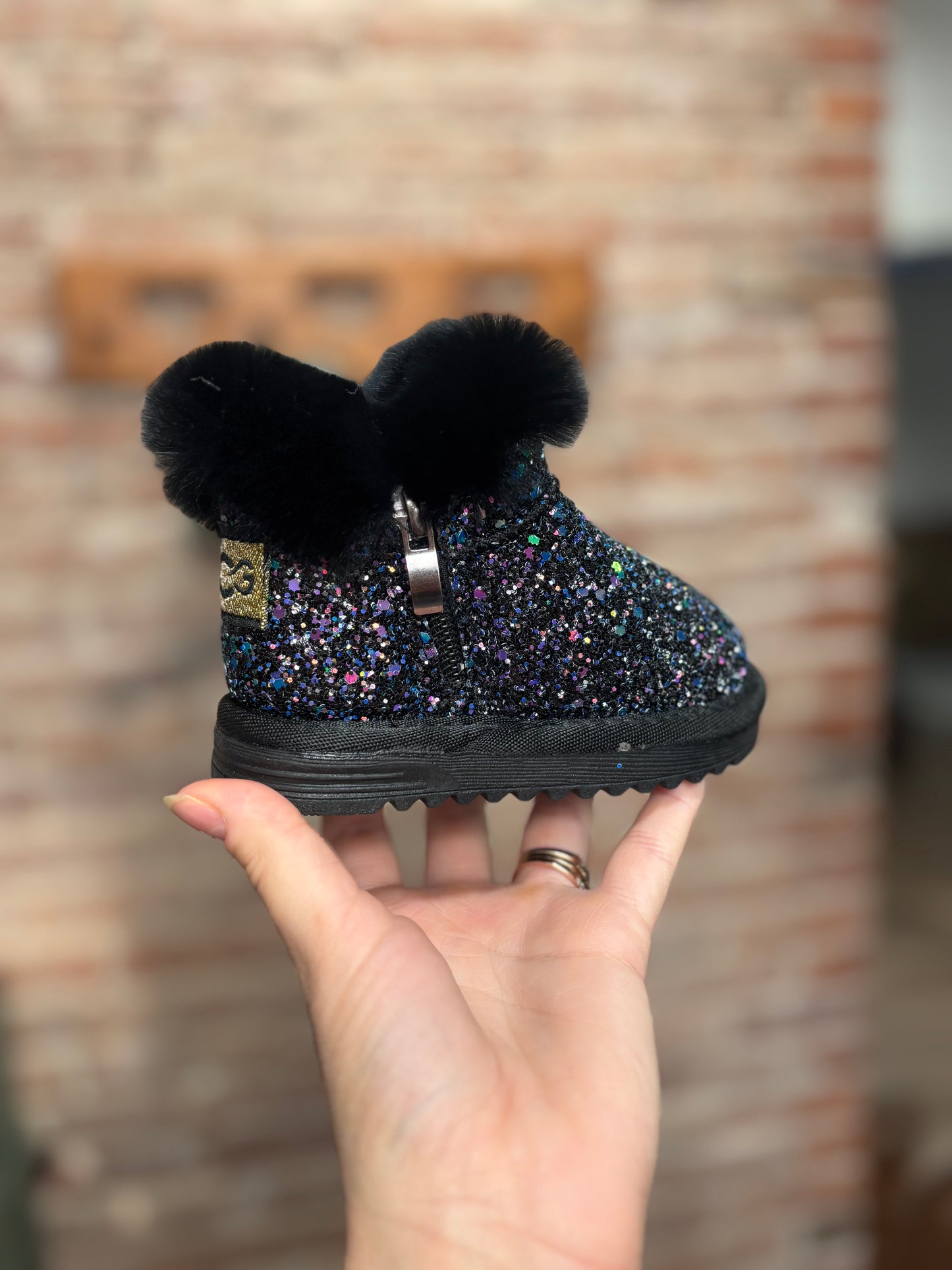 Black Sparkle Furry Boots