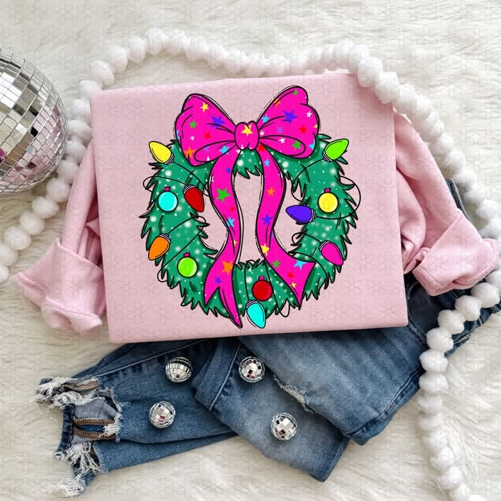Bright Colored Christmas Wreath Pink Shirt - Pre-order