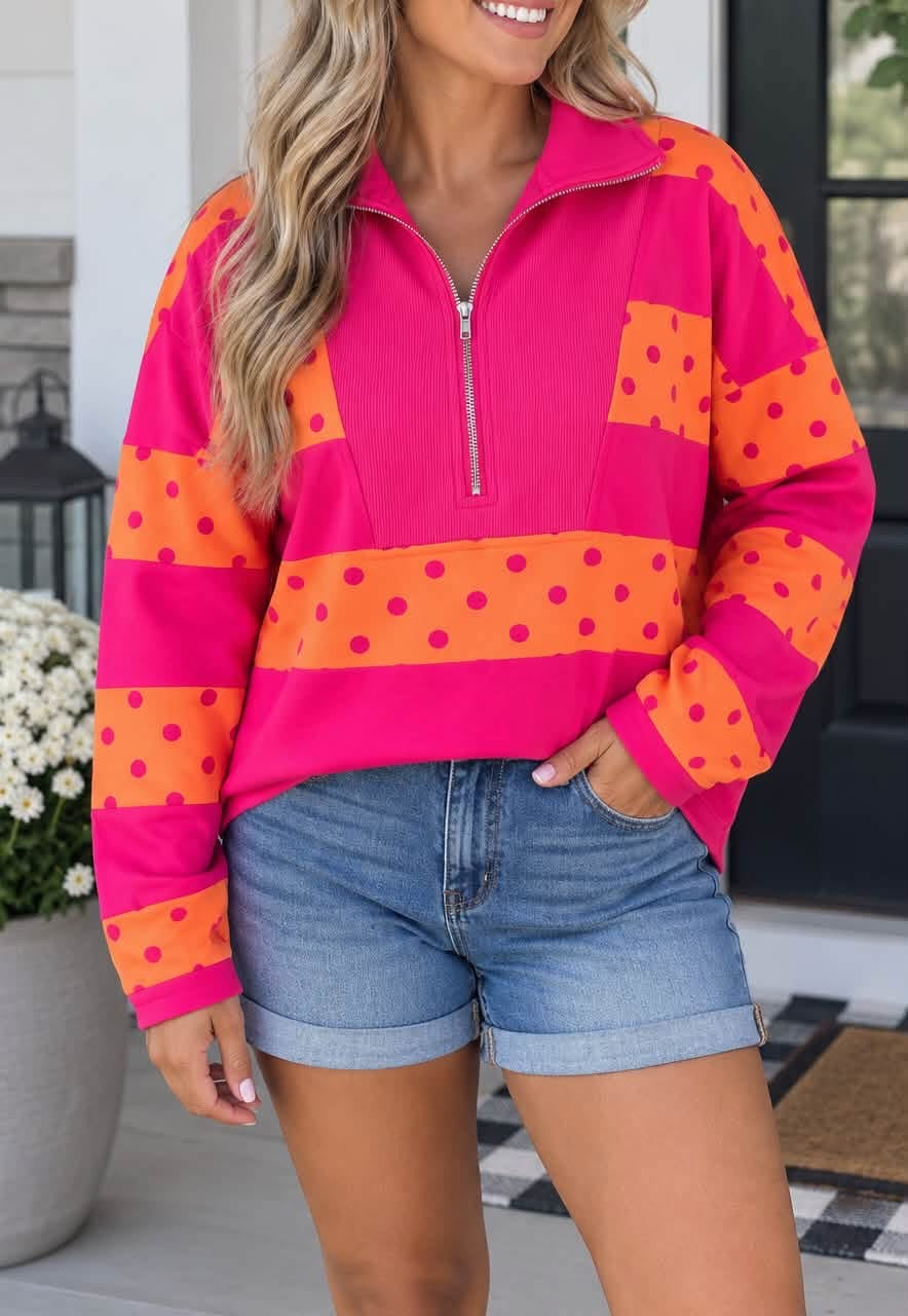 Pink Orange Stripe Polka Dot Quarter Zip