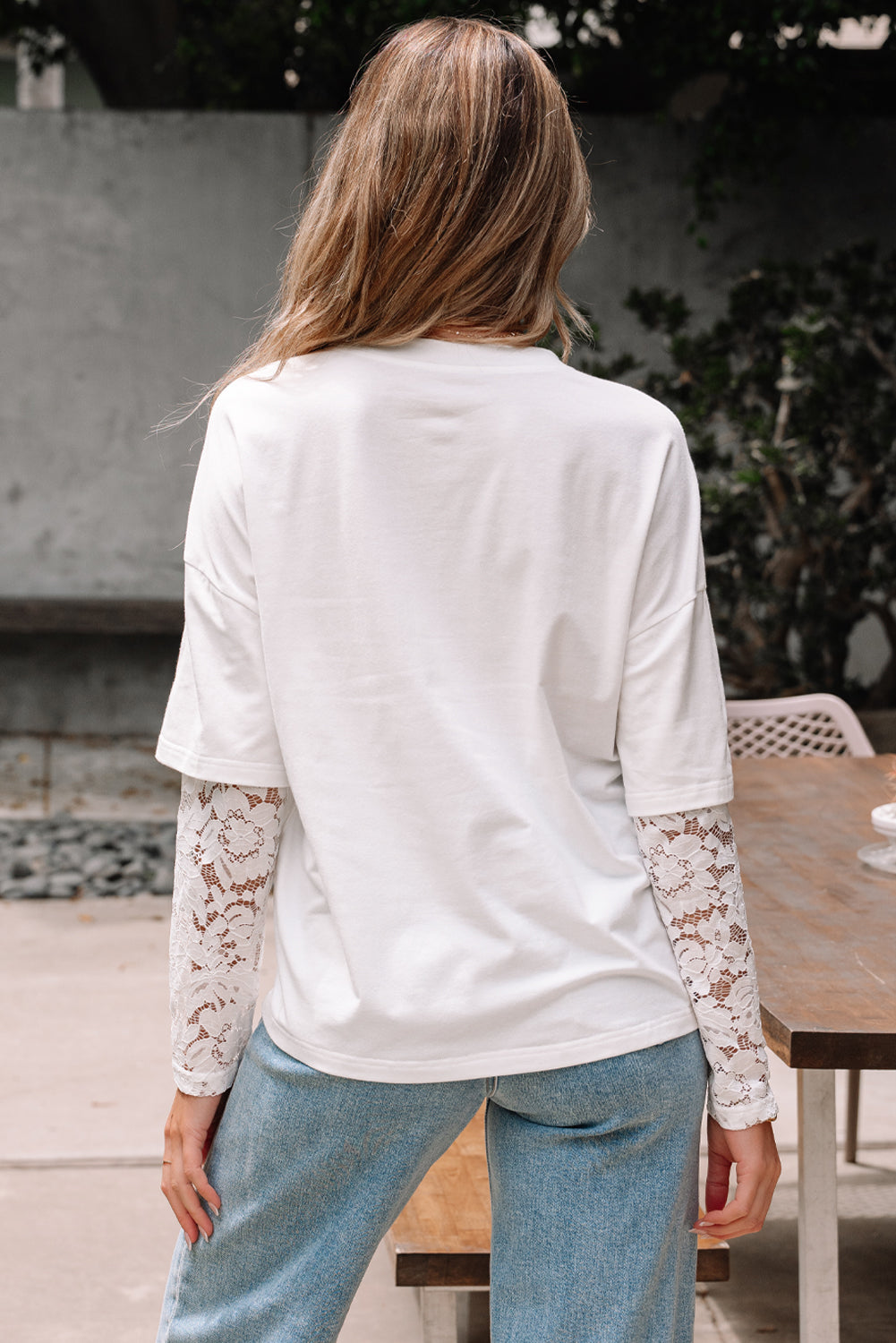 White Lace Long Sleeve Insert Drop Shoulder Tee