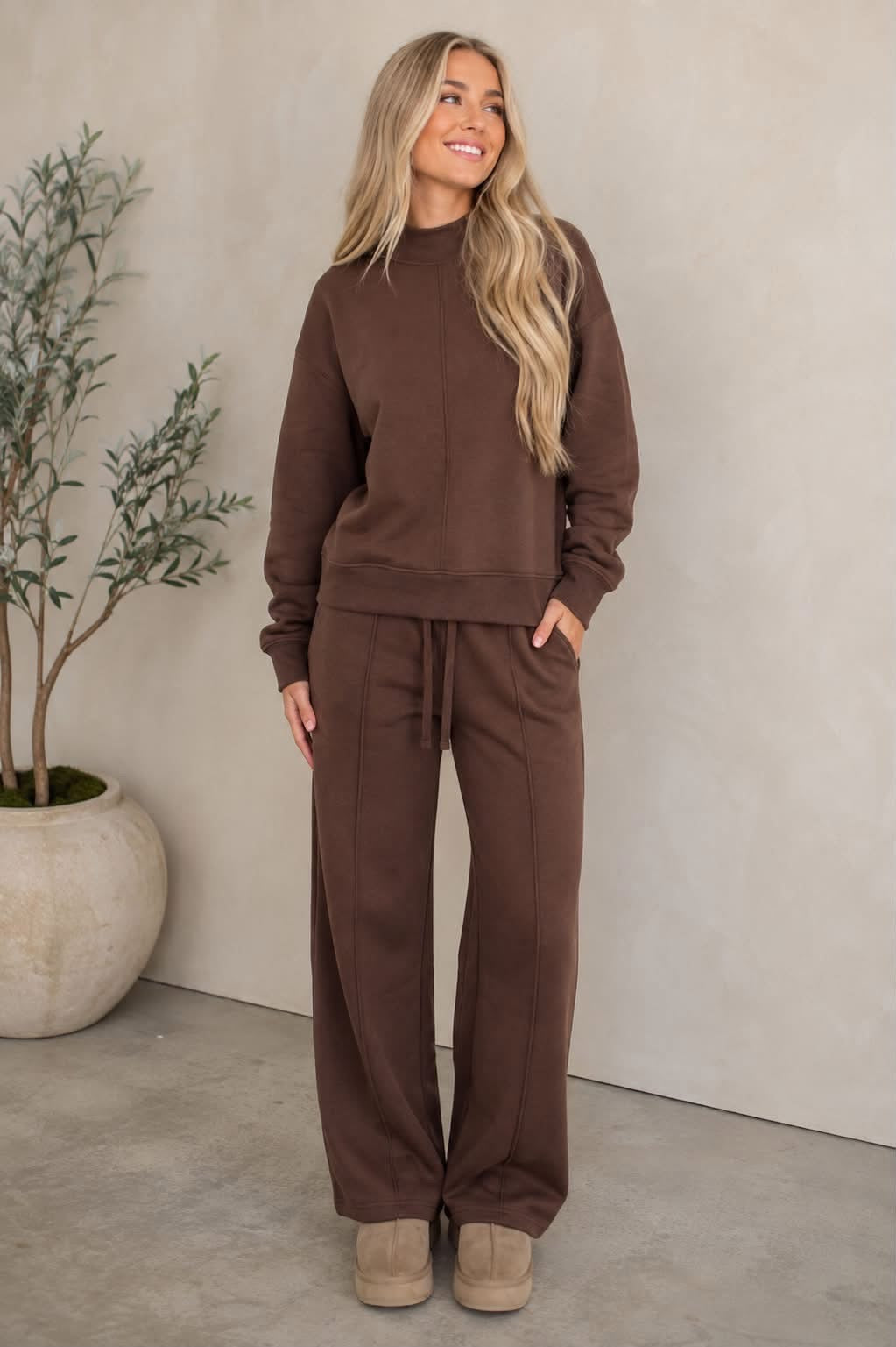 Brown Mockneck Drawstring Pant Set Preorder