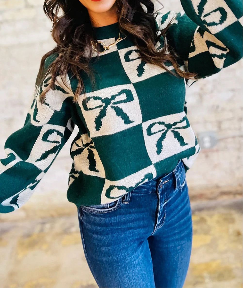 Checkered Bow Green Sweater