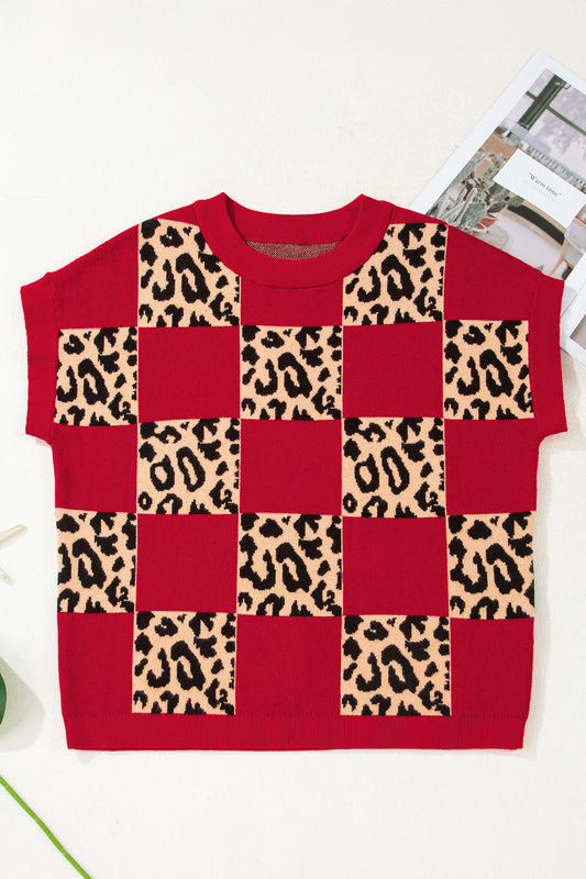 Green Leopard Checkerboard Short Sleeve Knit Sweater