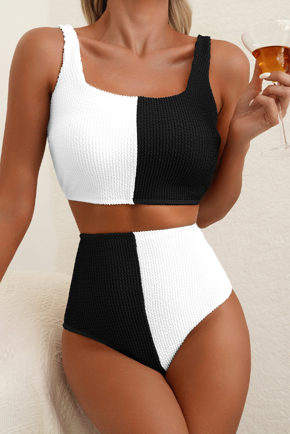 Pink Corded Colorblock Square Neck Bikini Swimsuit