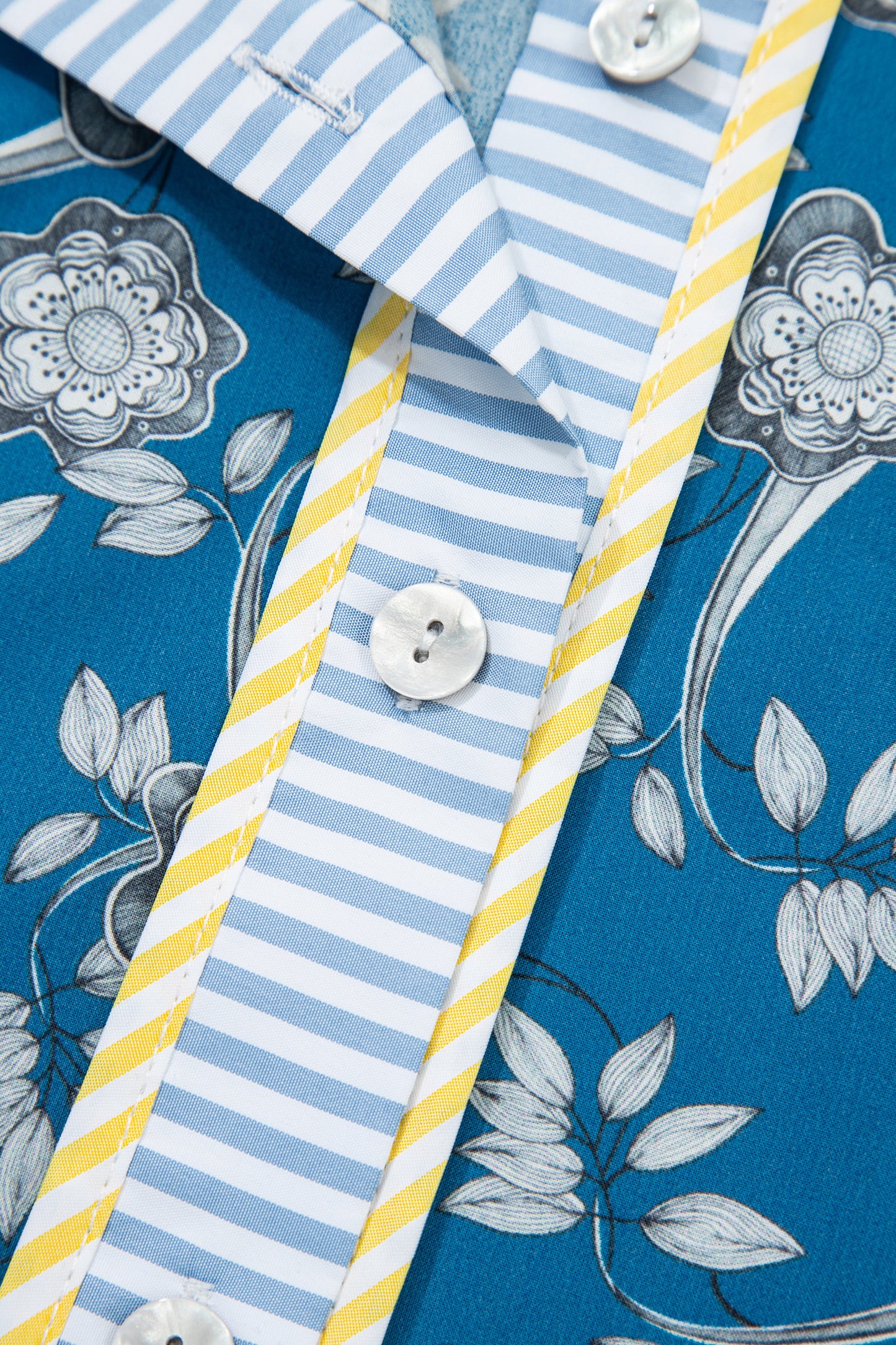 Blue Striped Trim Half Buttons Short Sleeve Floral Dress