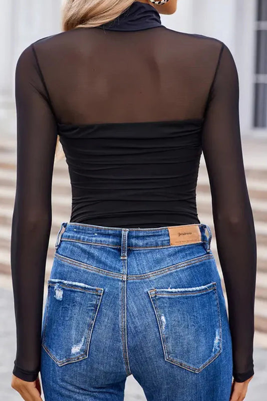 Coffee Sheer Mesh Patchwork High Neck Long Sleeve Top