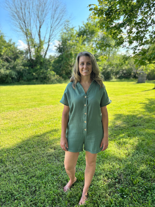 Take Me Out Green Button Romper