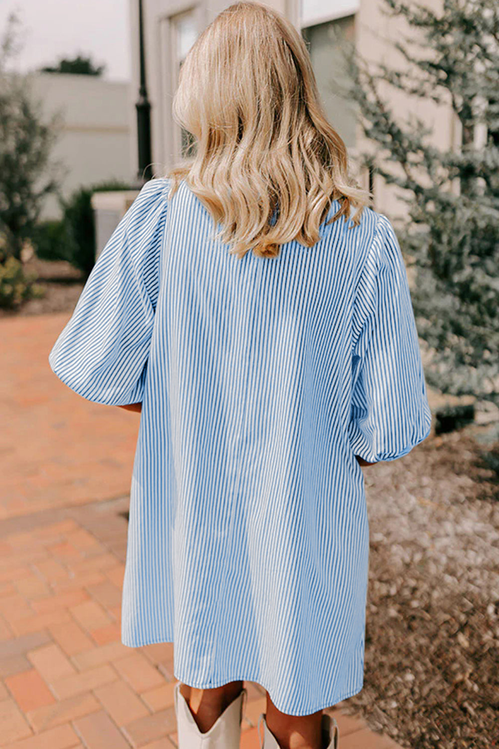 Sky Blue Stripe Color Block Patchwork Shirt Collar Button Down Puff Sleeve Mini Dress