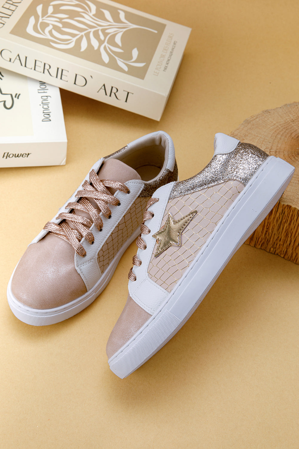 Dearlove Gold Glitter Star Patchwork PU Leather Lace-up Sneakers