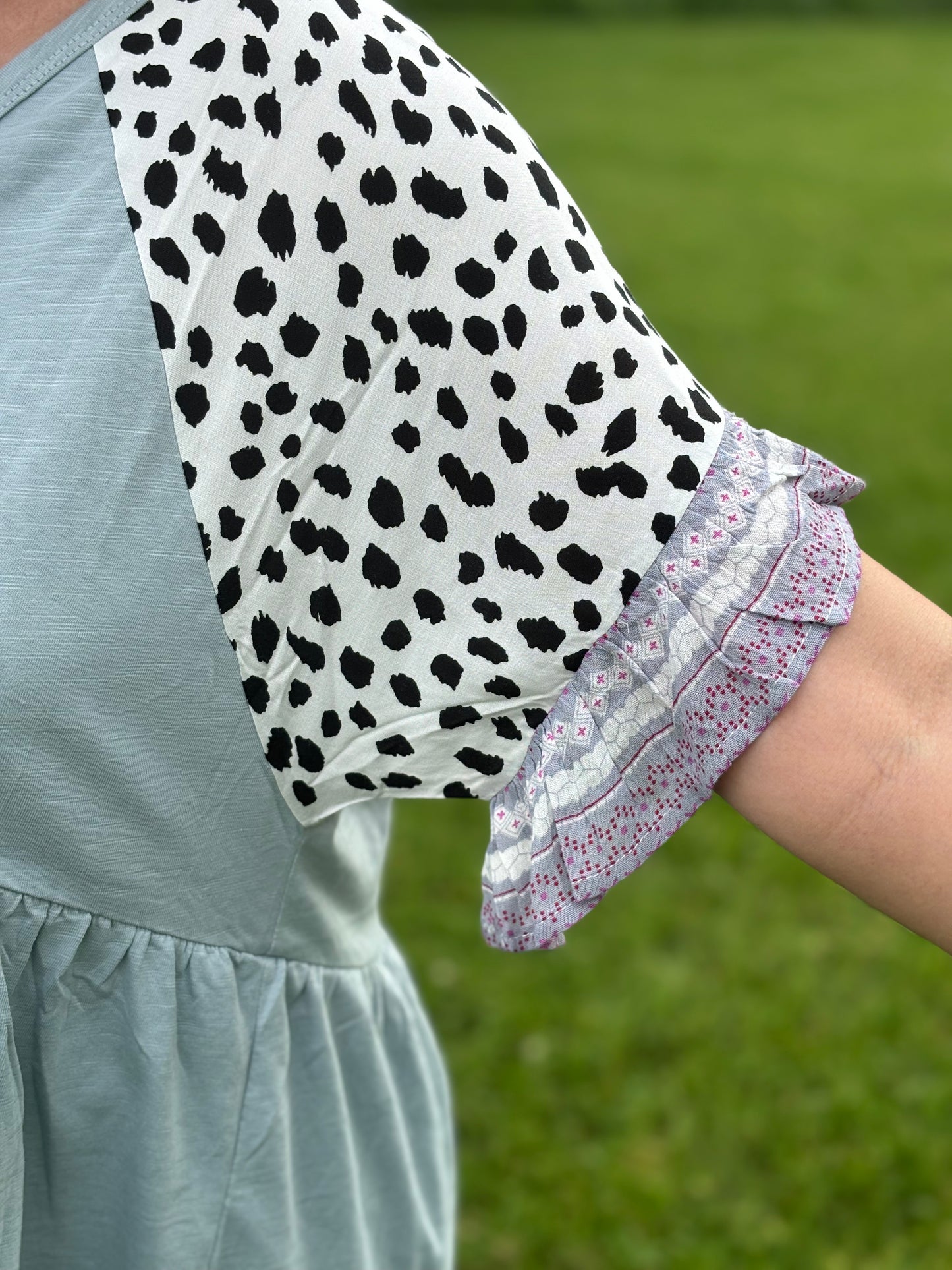 Blue Top with Leopard & Floral Sleeves