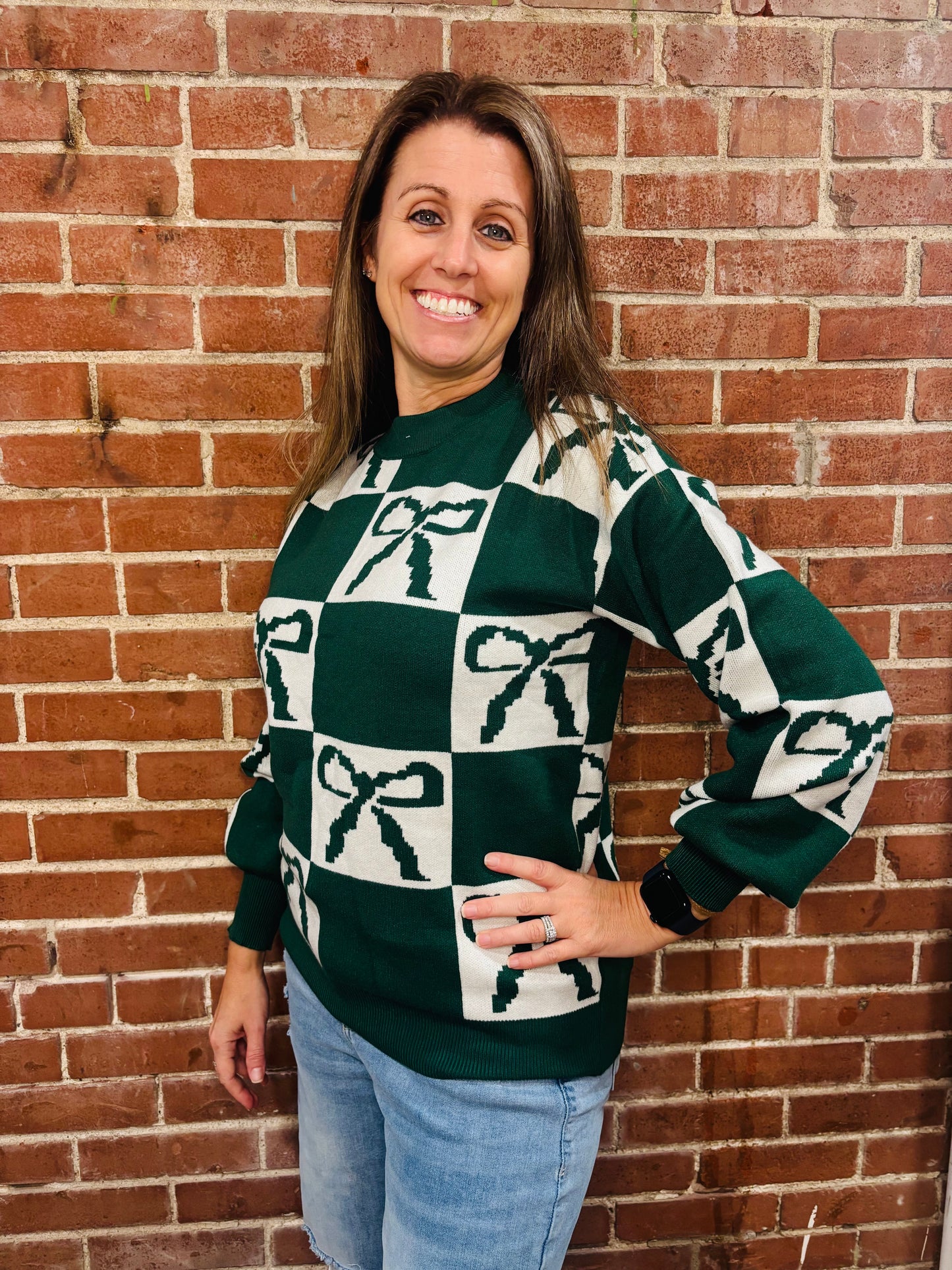 Checkered Bow Green Sweater