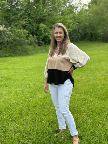 Black & Tan Block Tie Top