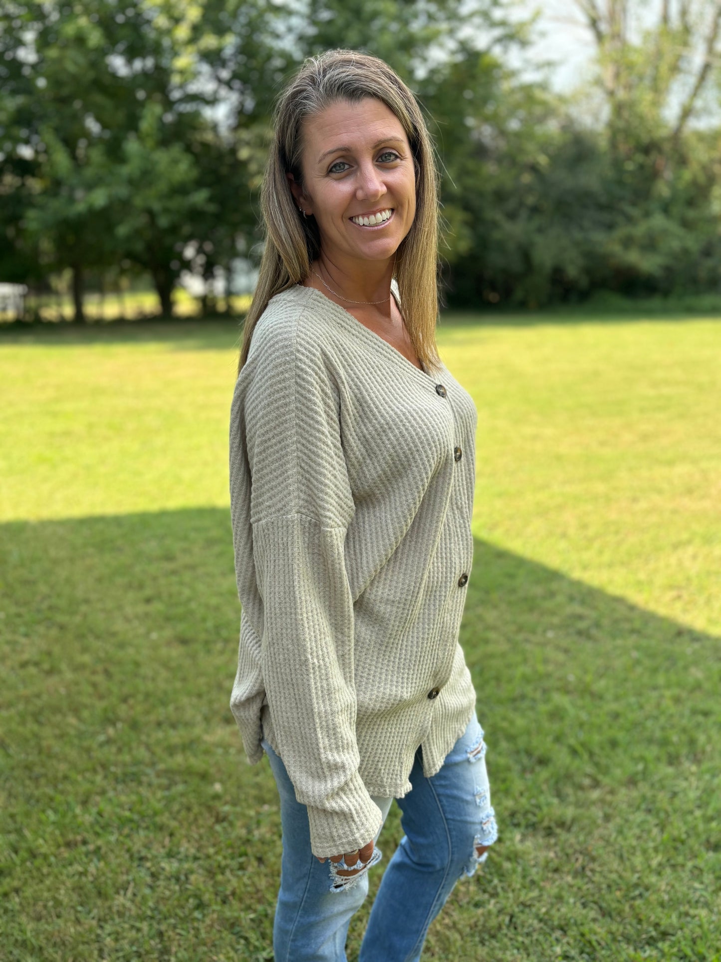 Taupe Waffle Button Up Plus Top