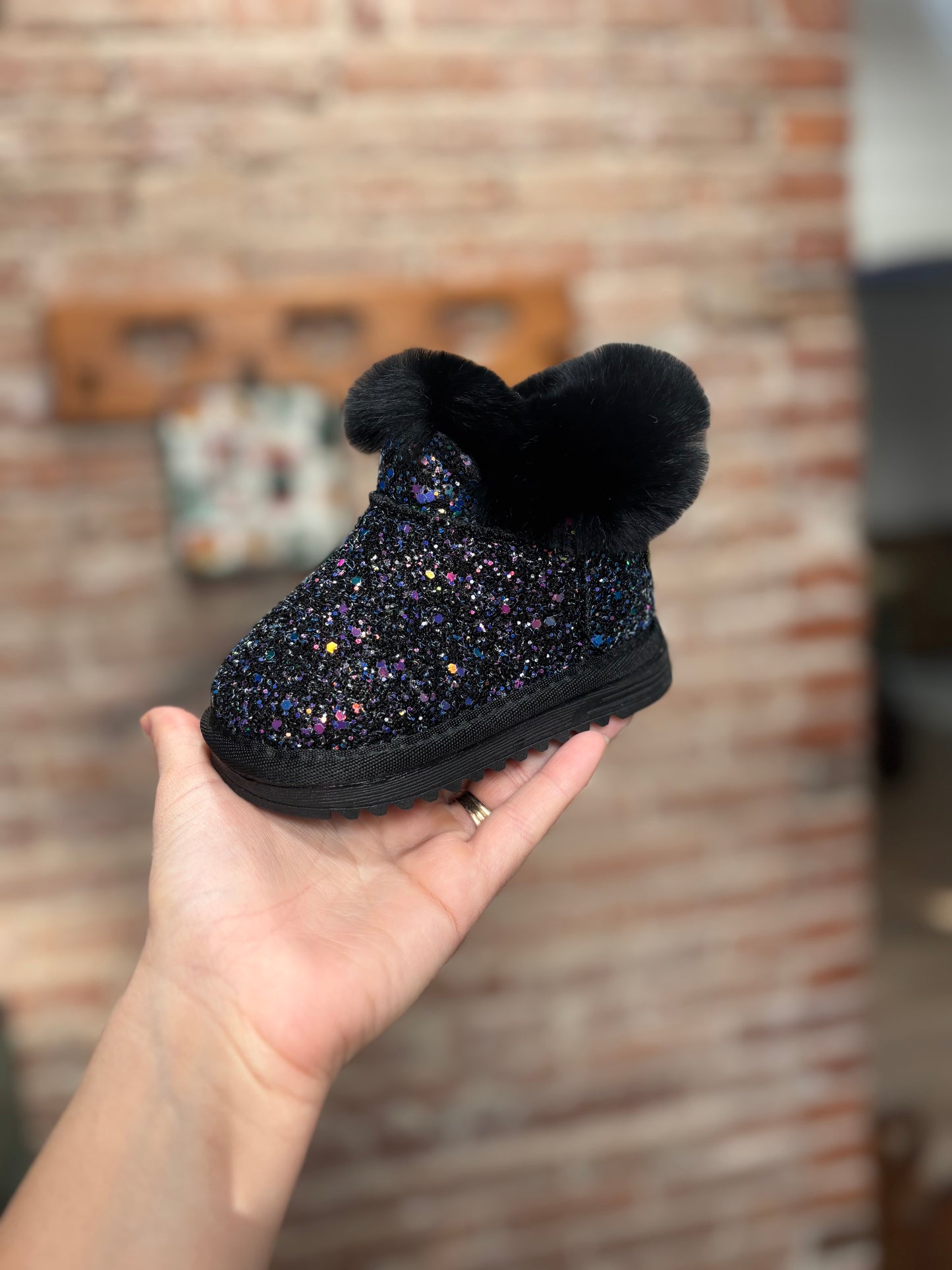 Black Sparkle Furry Boots