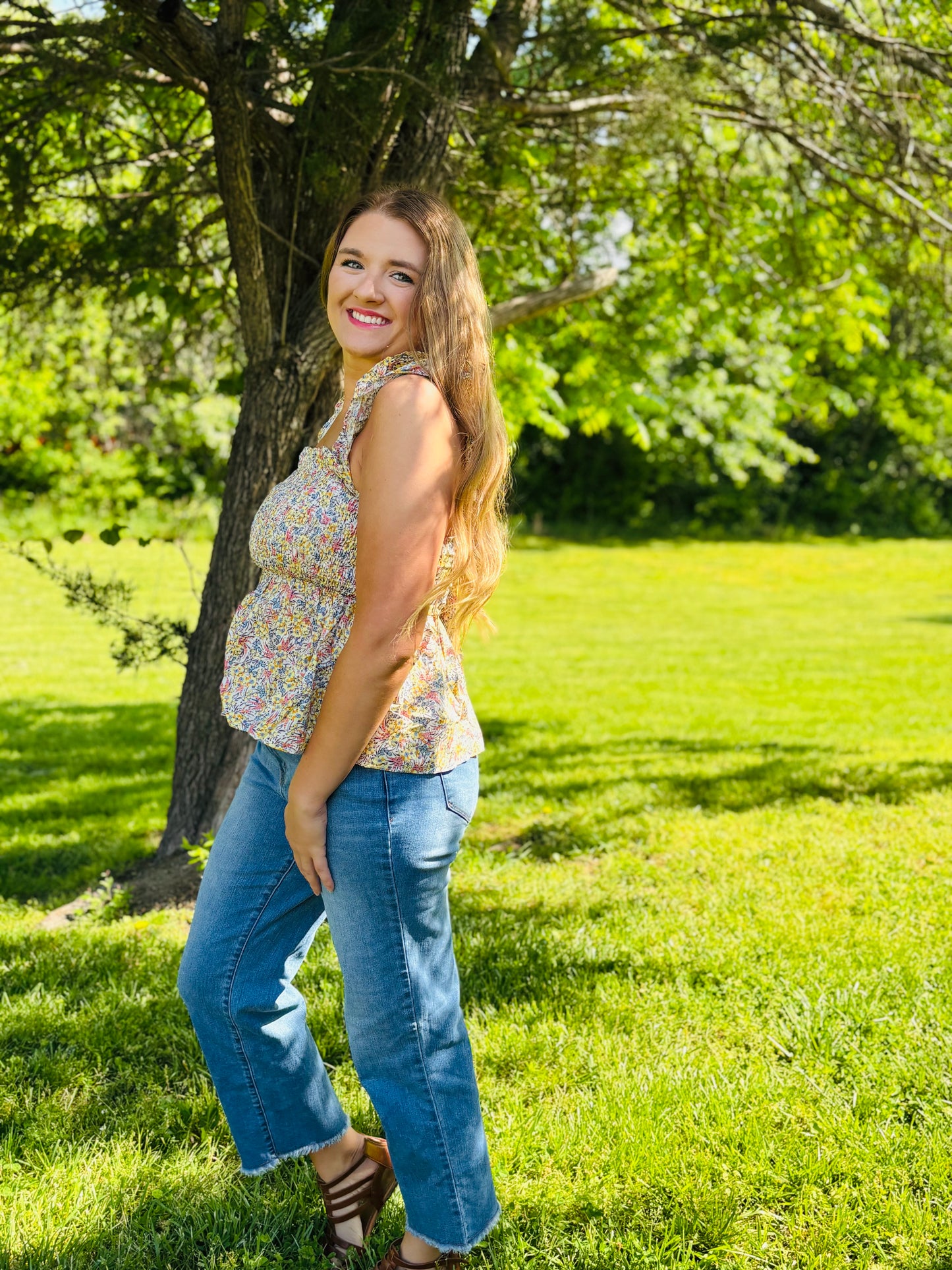 Smocked Floral Bow Back Tank
