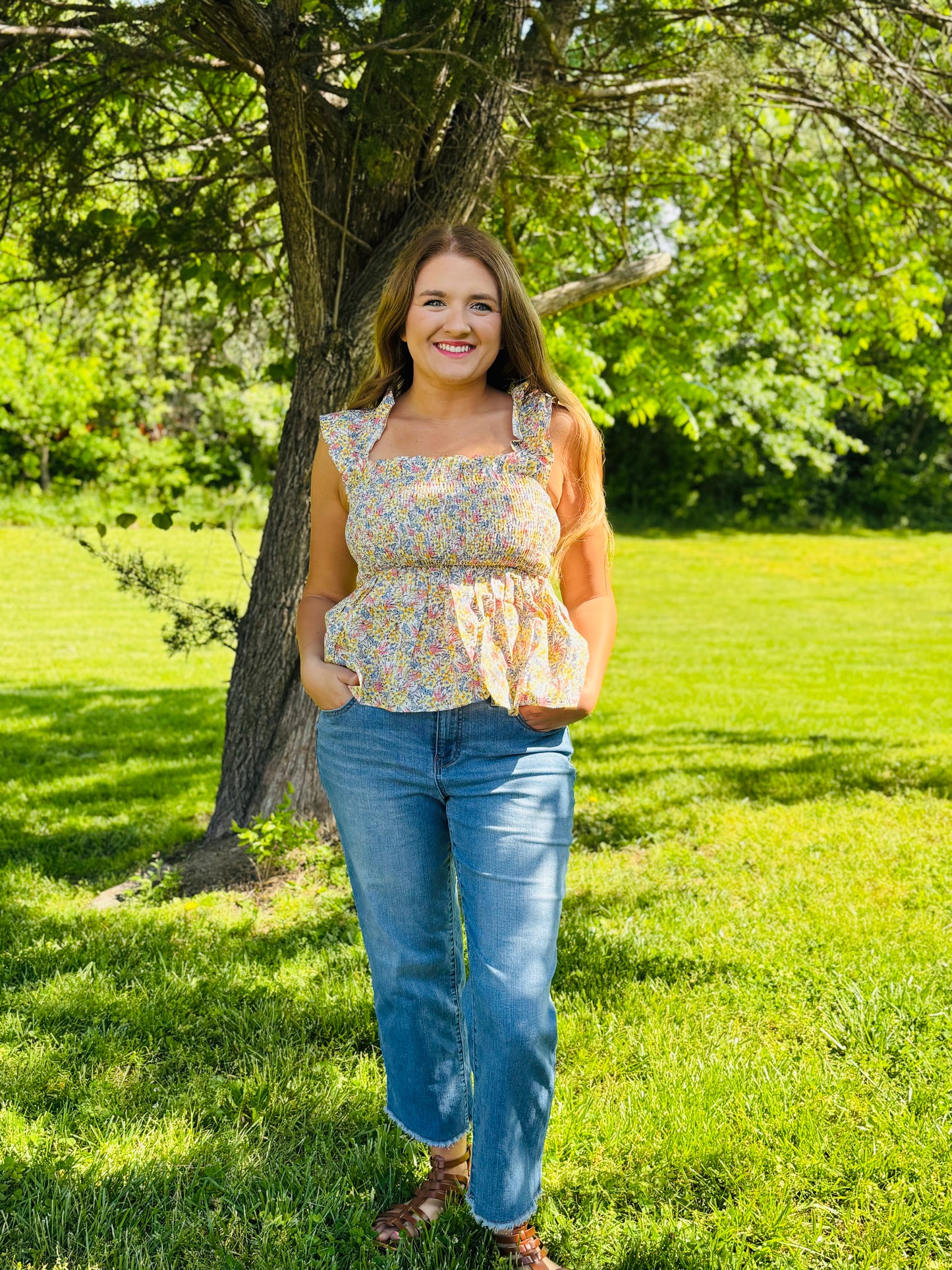 Smocked Floral Bow Back Tank