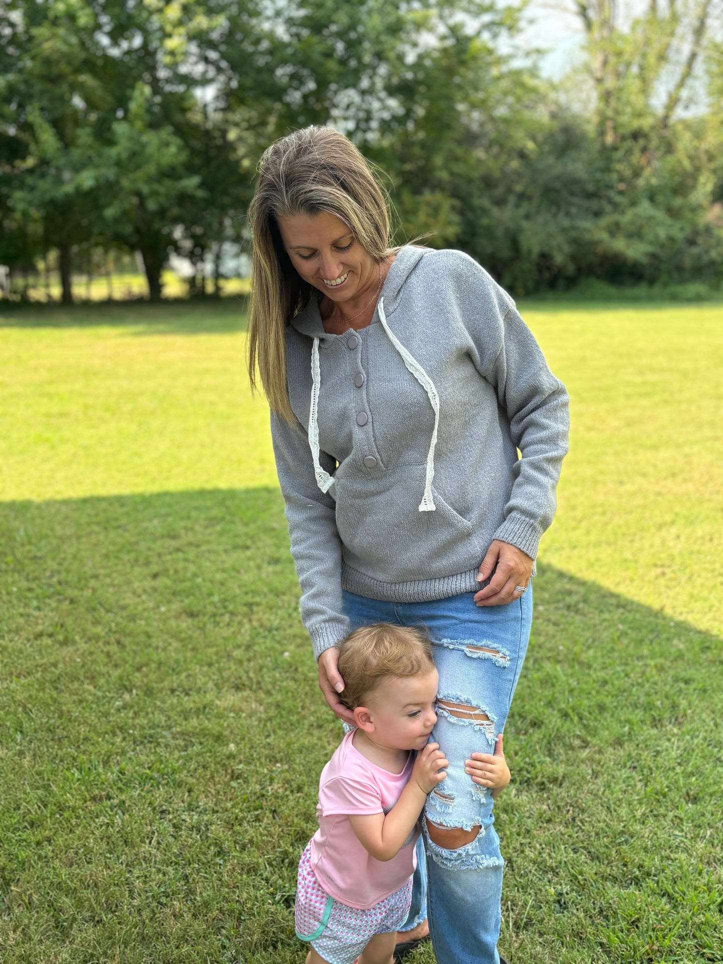 Grey Button Lace String Hood Sweater