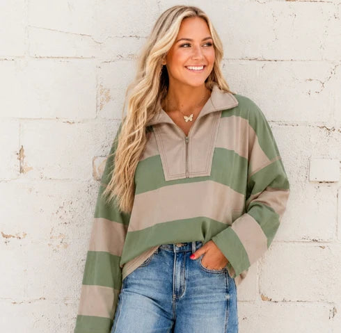 Green Stripe Half Zip Pullover