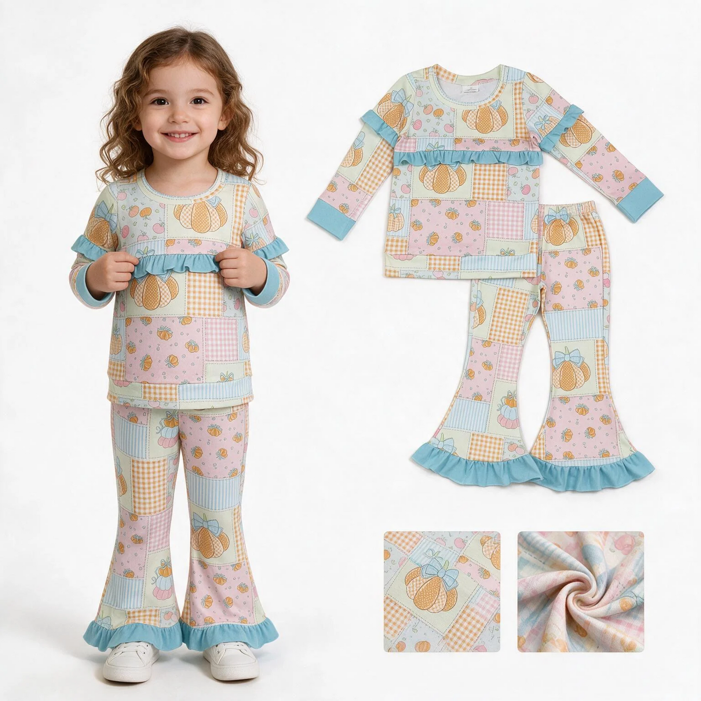Girls Pumpkin Patchwork Ruffle Top Set