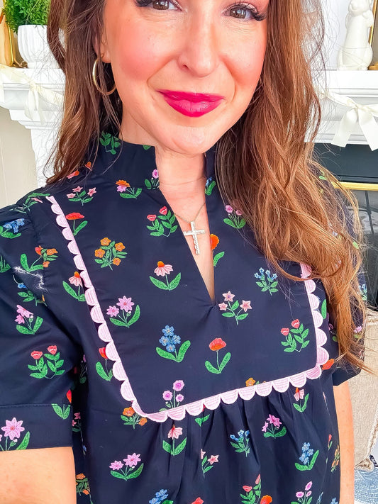 Lace Scallop Navy Floral Top