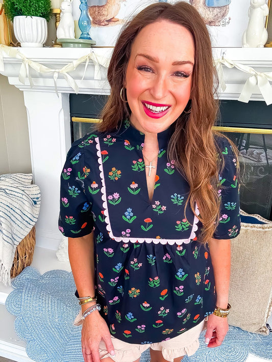 Lace Scallop Navy Floral Top