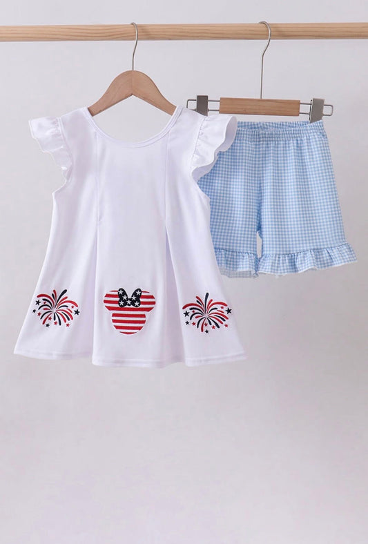 Blue Character Fireworks Embroidery Gingham Ruffle Short Set