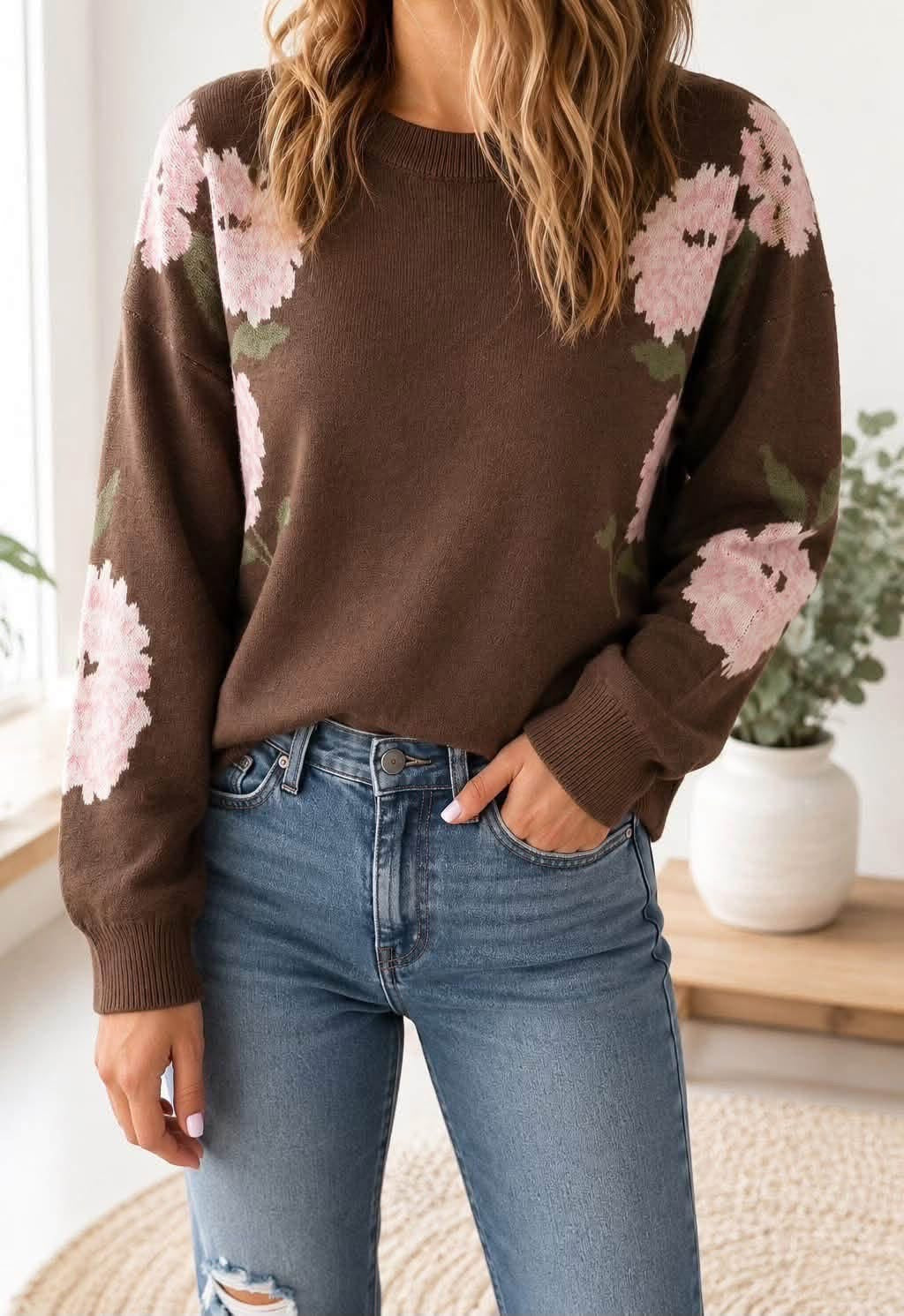 Pink Flower Brown Sweater
