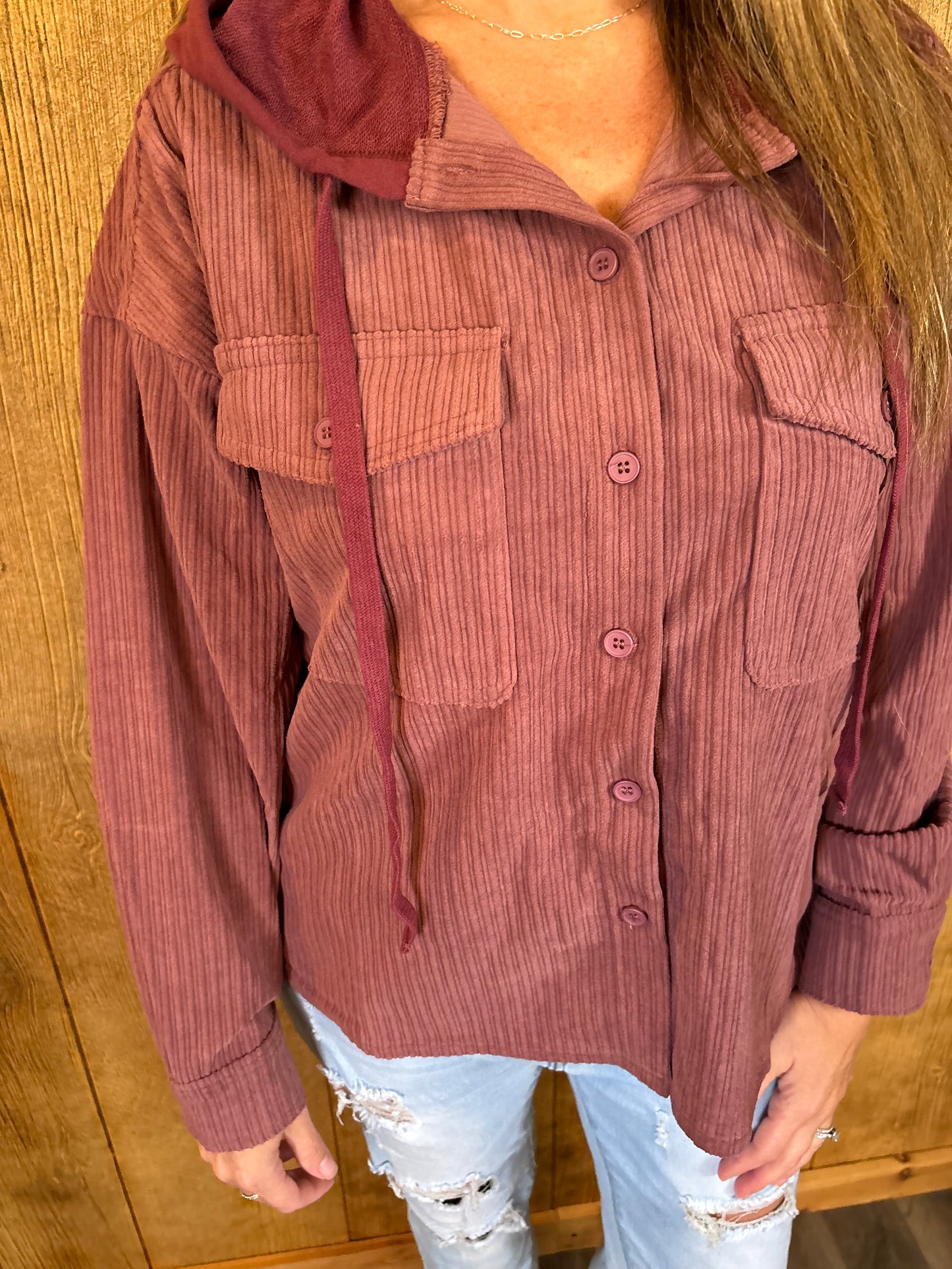 Pink Ribbed Button Up Hoodie