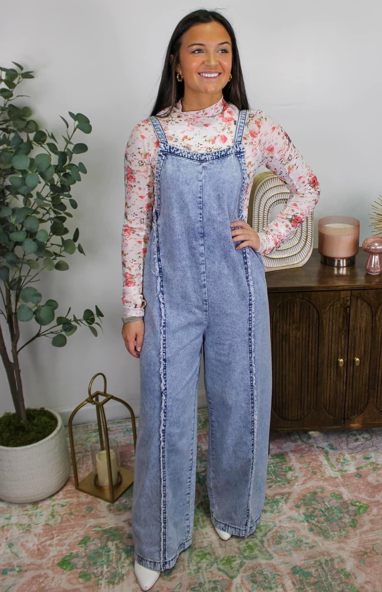 Denim Overalls with Elastic Sides and Adjustable Straps