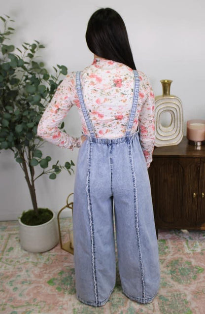 Denim Overalls with Elastic Sides and Adjustable Straps